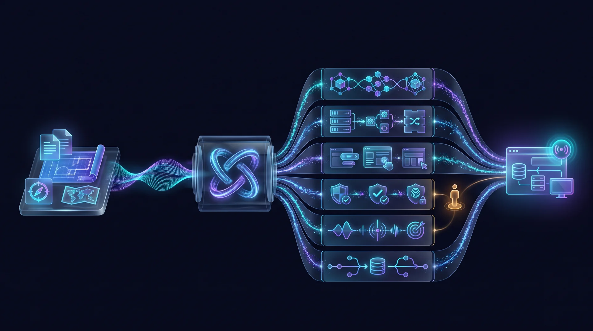 Conceptual illustration of approved product context flowing through coordinated Factory work lanes to a complete live software product.