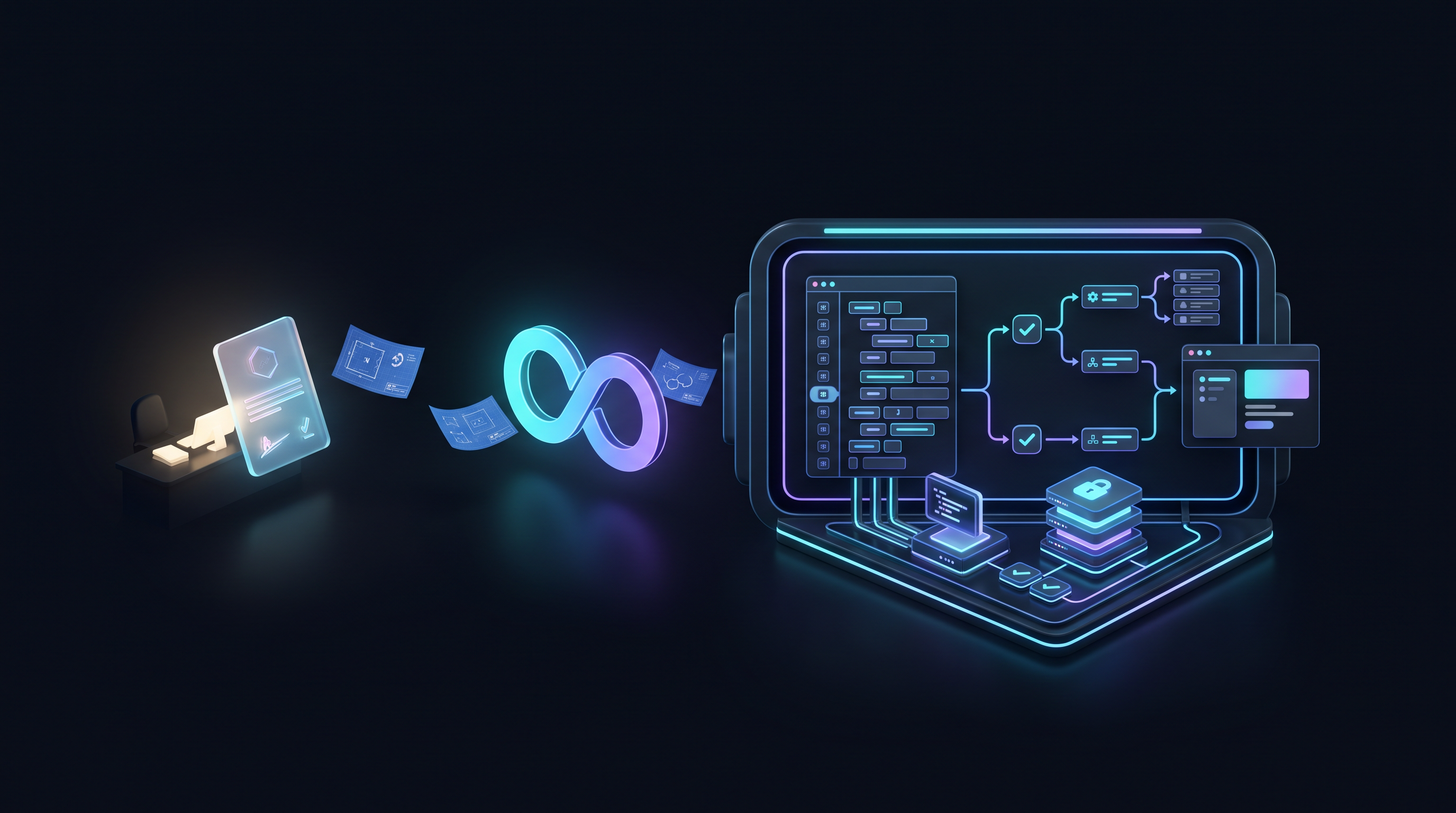 A detailed illustrative software factory receiving an approved product outcome and carrying it through coordinated work lanes.