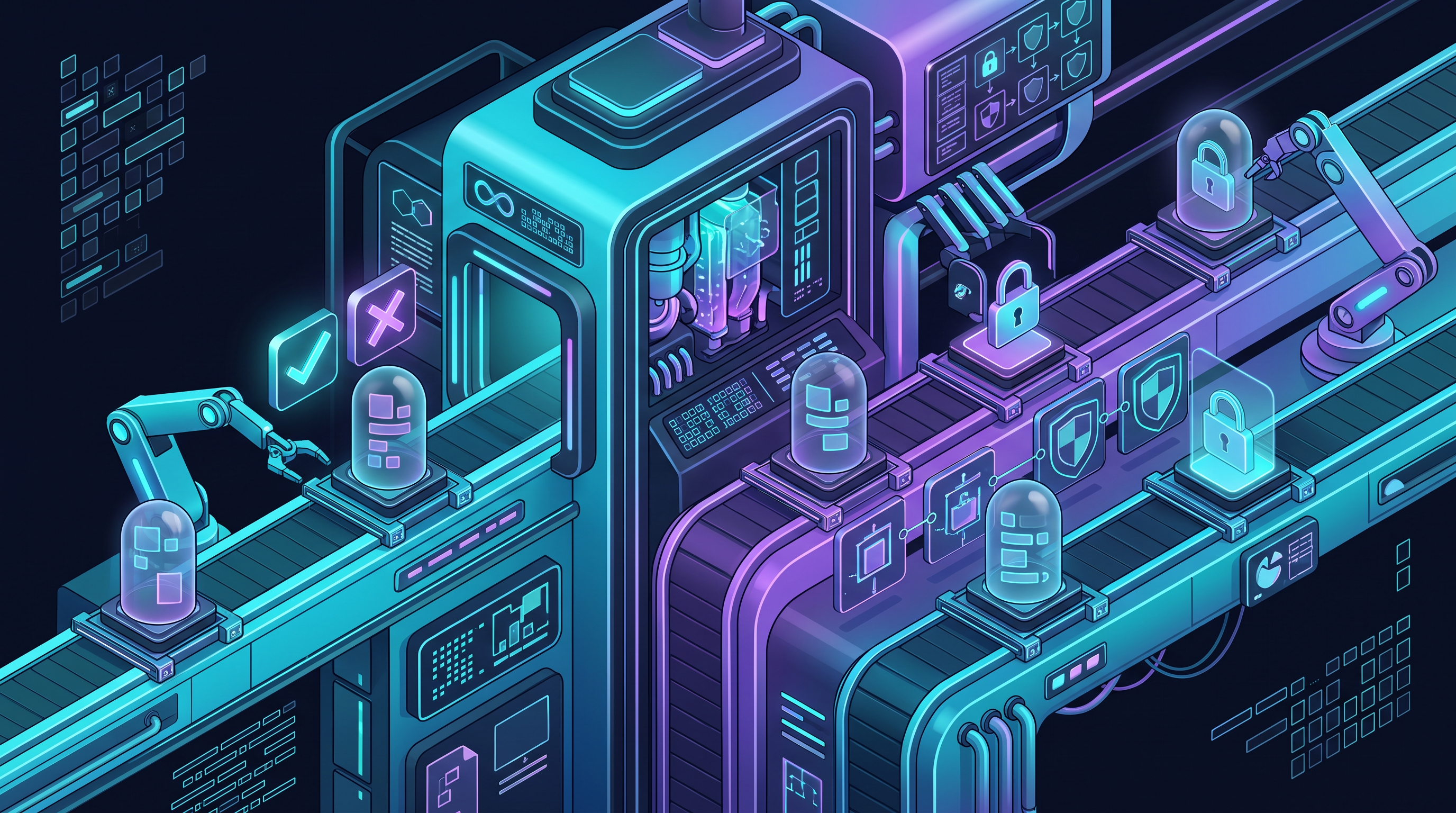 A detailed software factory carries work through coordinated check and delivery lanes.